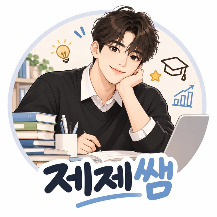 책과 노트북 앞에서 미소 짓는 제제쌤 브랜드 일러스트